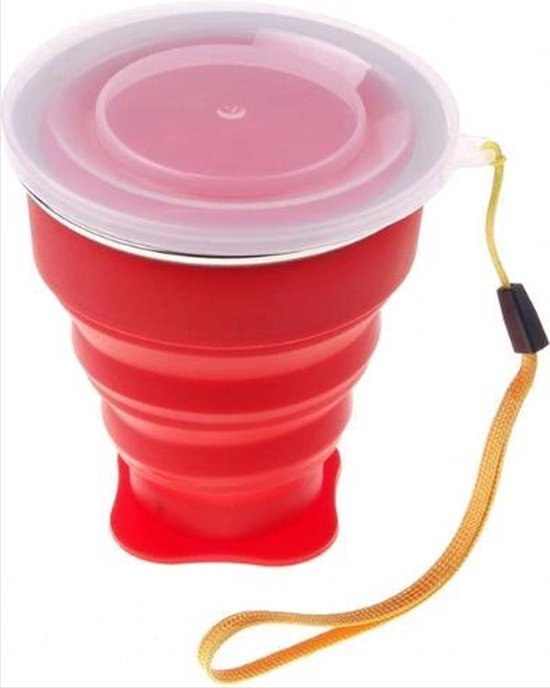 *** Handige 200 ml Reisbeker - Opvouwbaar met Deksel - Siliconen - Rood - Voor Camping en Onderweg - van Heble® *** van Heble®