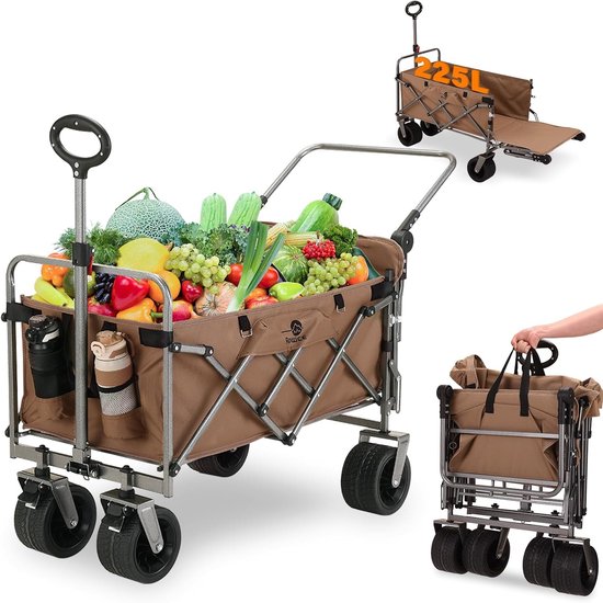 Handige Transportkar - Opvouwbare Trolley - Buitenactiviteiten - Extra Grote Wielen - 120kg Draaglast - Khaki