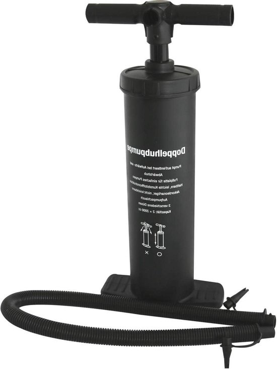 Handmatige dubbele hub luchtpomp - 2 x 2 liter - zwart - 40cm - 3 opzetstukken - luchtmatras boot zwembenodigdheden van Merkloos