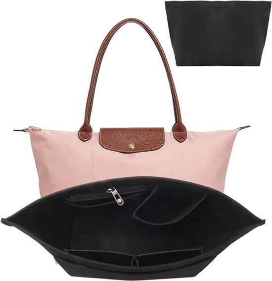 Handtasorganizer voor Longchamp L, organizer voor handtassen, vilt, met meerdere vakken, opvouwbaar (Zwart, L)