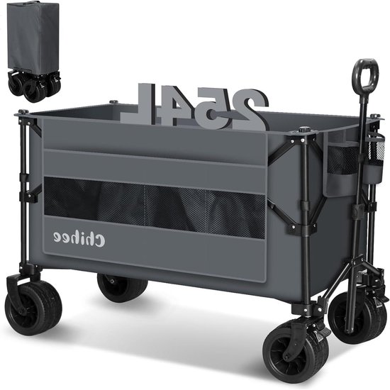 Handwagen inklapbaar voor tuin en strand - 254 l - Zeer belastbaar - All-terrain wielen - Oversized zijvak - 2 bekerhouders van Merkloos