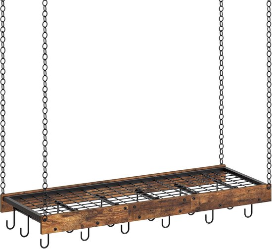 Hangende pottenrek, aan het plafond wandmontage pannenrek voor keuken, pannenhanger in industriële stijl met 18 haken, opbergorganizer voor kookgerei voor potten en pannen, rustiek bruin en