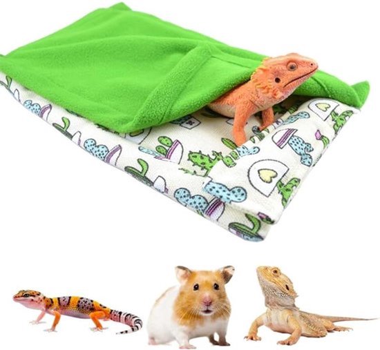 Hangmat en Slaapzakset voor Kleine Huisdieren - Zacht en Warm - Bebaarde Draak - Hagedis - Luipaard Gecko - Beige en Groen Quilt