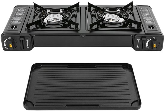 Hanimo Tafel Bbq - Campinggaspit - Gasbrander Camping - Camping Gasstel - Camping Bbq - Camping Kooktoestel - Fornuis 2 pits - Draagbare Kookplaat - Afneembare Bakplaat - 64x28cm - Zwart van Hanimo