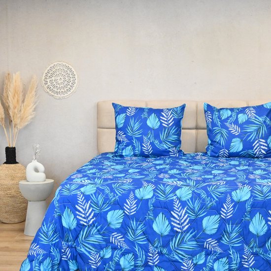 HappyBed All year dekbed enkel 140x220 - Eenpersoonsdekbed - Wasbaar dekbed zonder overtrek - Bedrukt dekbed zonder hoes - Hoesloos Dekbed met Print - Blue leaves van HappyBed