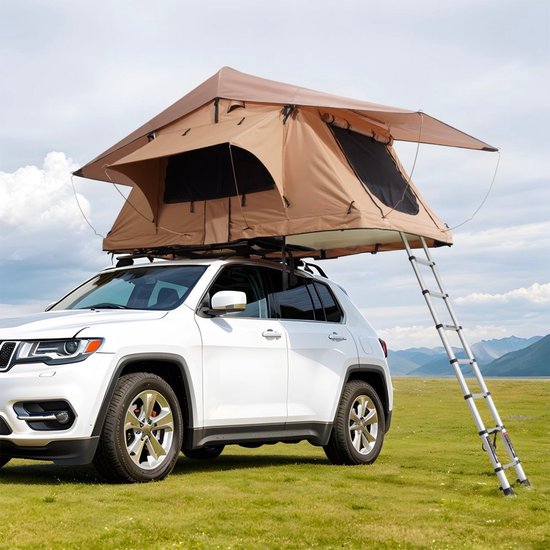 Hardshell Daktent - Autodaktent - Voor 2-3 Personen - Opvouwbaar - Telescopische Ladder - Matras Inbegrepen - Waterdicht, UV-bestendig - Voor SUV & Pick-up van Horizont Camping.