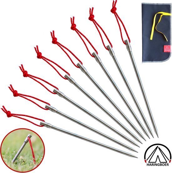 Haringboer® Tentharingen - 16,5 cm Rotsharingen - 8 stuks Grondpennen - Lichtgewicht 15 gram per stuk - Titanium (TC4) Haringen Tent - Middel tot Harde Ondergrond - Inclusief Trekkoord en Haringzak van Haringboer®