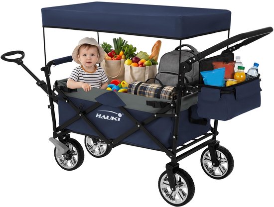 Hauki bolderwagen opvouwbaar met dak, blauw-grijs, transportwagen voor kinderen, 2x veiligheidsgordels, 360° draaibare - ShopVlot