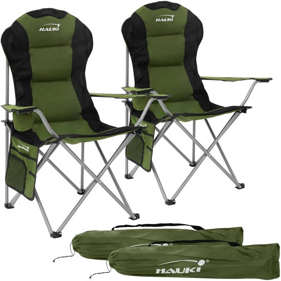 Hauki Outdoor serie opvouwbare campingstoel kaki met buisvormig stalen frame bekerhouder draagtas armleuningen lichtgewicht gewatteerde zitting belastbaar tot 150kg comfortabele vouwstoel voor vissen kamperen tuin reizen strand buitengebruik