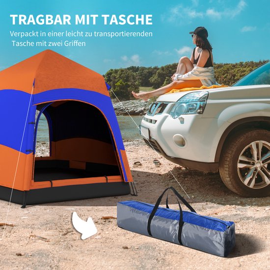 HAUSS SPOLE Tent – Quick-Up Dubbelwandig – 275 x 275 x 170 cm – Polyester – Oranje Blauw – Voor 4 Tot 6 Personen Met 2 Deuren En Muskietengaas
