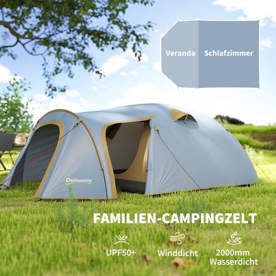 HAUSS SPOLE Tent – Tunneltent Voor 4 Personen – 345 x 240 x 130 cm – Polyester – Lichtblauw – Waterdicht Kamperen Met Veranda