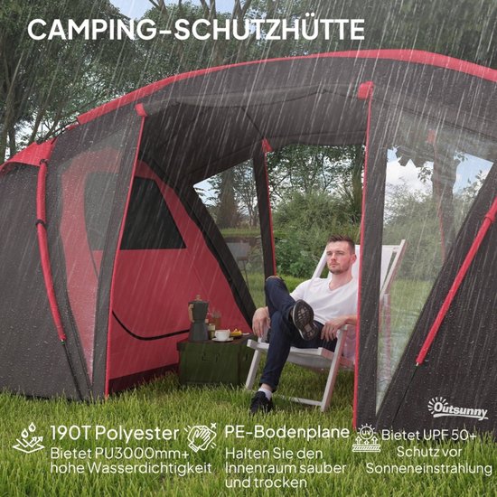 HAUSS SPOLE Tunneltent – 615 x 235 x 195 cm – 190T Polyester – Grijs – Voor 4-6 Personen – 3 Ruimtes, Dubbele Deuren, 3000 mm Waterkolom