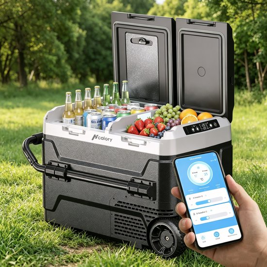 HCALORY 50L Compressor Koelbox met Bluetooth App, 2 Onafhankelijke Temperatuurzones (-20°C tot 20°C), 12V/24V/230V, Wielen & Scheidingswand, Stil (45 dB) voor Auto, Caravan & Camping van Merkloos
