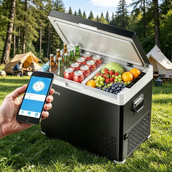 HCALORY 50L Mobiele Elektrische Koelbox met App-besturing, Dubbele Zone -20°C tot 20°C, 12/24/230V, Met Scheidingswand – Voor Auto, Camper & Boot