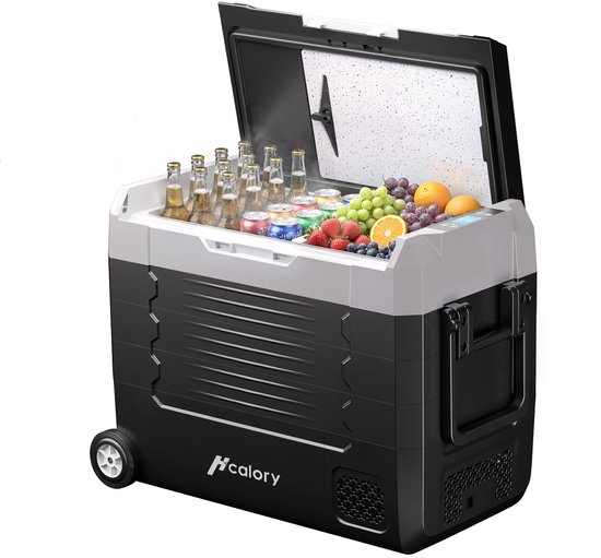 Hcalory 55L Auto & Thuis Koelbox – Dubbele Zone Vrieskast, Touchscreen, 12/24V DC & 220V AC, Mobiel met Rollen, Energiezuinig