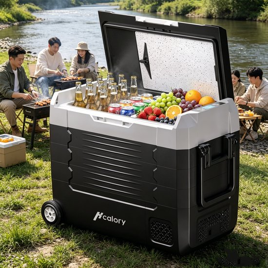 Hcalory Koelbox 45L – draagbare mini-koelkast 12V/24V, elektrisch vriesvak, bluetooth, compact voor auto & camping, met wielen en handgreep van Merkloos