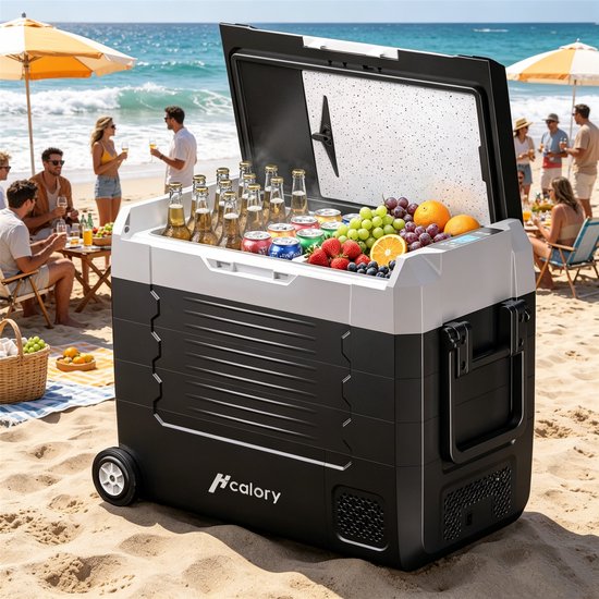 Hcalory Koelbox 55L – draagbare mini-koelkast 12V/24V, elektrisch vriesvak, bluetooth, compact voor auto & camping, met wielen en handgreep