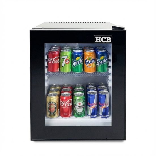 HCB® - Professionele Horeca Minibar koeling - 32L - Mini Koelkast met glazen deur - Kleine drankenkoelkast - D - Zwart - Flessenkoelkast - Bier koelkast - tafelmodel - 45.2x38.5x48.6 cm (DxBxH) - 11 kg - Frigo - 9967 van hcb