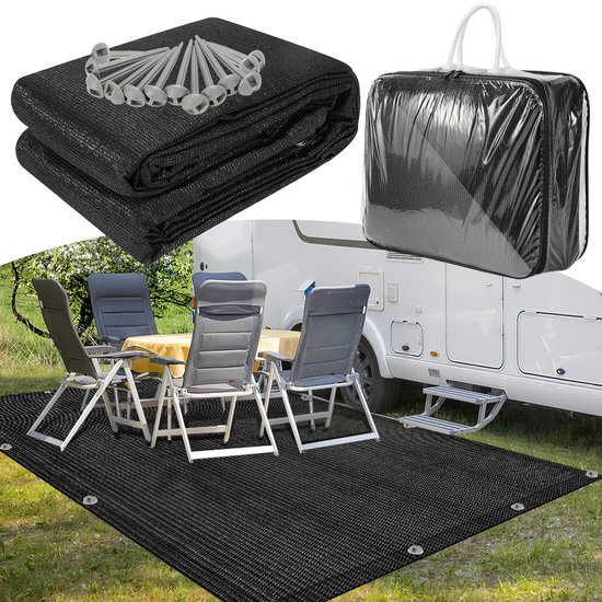HDPE Campingtapijt Waterdoorlatend 250x600cm Zwart 13 Grondpennen Opbergtas van Merkloos