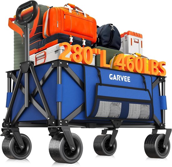 Heavy-Duty Opvouwbare Bolderkar Zwart - Draagkracht 215 kg / 280 Liter - Bolderwagen met All-Terrain Wielen, Remmen & Bagagespin - Strandkar & Kamperen - Blauw van Merkloos