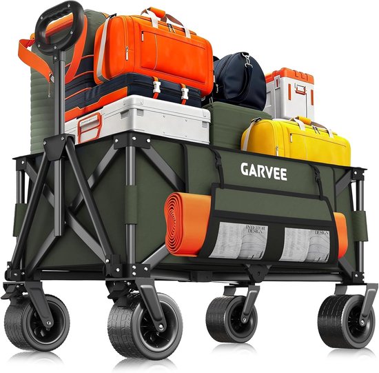 Heavy-Duty Opvouwbare Bolderkar Zwart - Draagkracht 215 kg / 280 Liter - Bolderwagen met All-Terrain Wielen, Remmen & Bagagespin - Strandkar & Kamperen - Groen van Merkloos