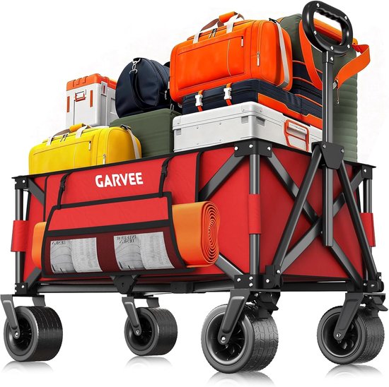 Heavy-Duty Opvouwbare Bolderkar Zwart - Draagkracht 215 kg / 280 Liter - Bolderwagen met All-Terrain Wielen, Remmen & Bagagespin - Strandkar & Kamperen - Rood van Merkloos