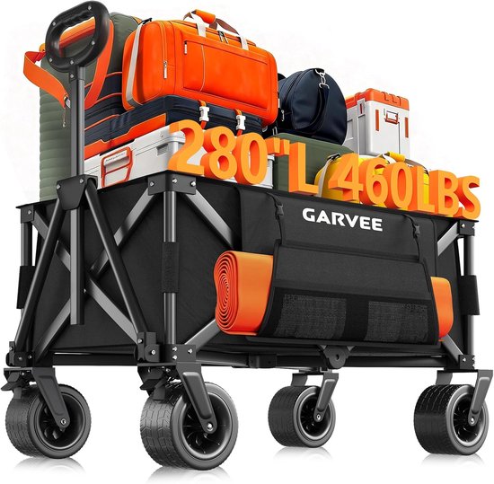 Heavy-Duty Opvouwbare Bolderkar Zwart - Draagkracht 215 kg / 280 Liter - Bolderwagen met All-Terrain Wielen, Remmen & Bagagespin - Strandkar & Kamperen - Zwart van Merkloos
