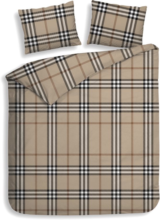 Heckettlane Dekbedovertrek Leonardo - Bedlinnen met Ruiten print - 240x220 cm - Beige - Dekbedhoes van 100% Katoen-Flanel van Merkloos