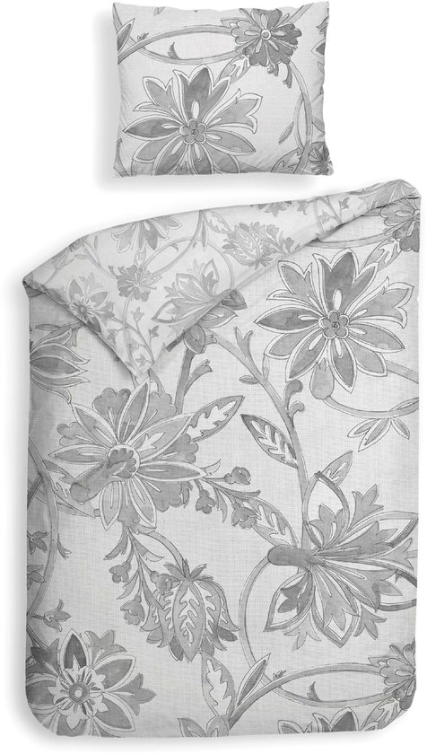 Heckettlane Dekbedovertrek Neva - Dekbed met instopstrook - Grijs - Dekbedovertrek van 100% Katoen-Satijn - Bloemen - 140x200-220 cm + 1 sloop 60/70 cm - Yukon