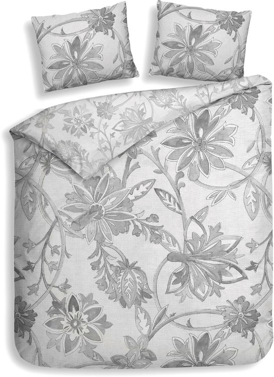 Heckettlane Dekbedovertrek Neva - Dekbed met instopstrook - Grijs - Dekbedovertrek van 100% Katoen-Satijn - Bloemen - 260x200-220 cm + 2 slopen 60/70 cm - Yukon