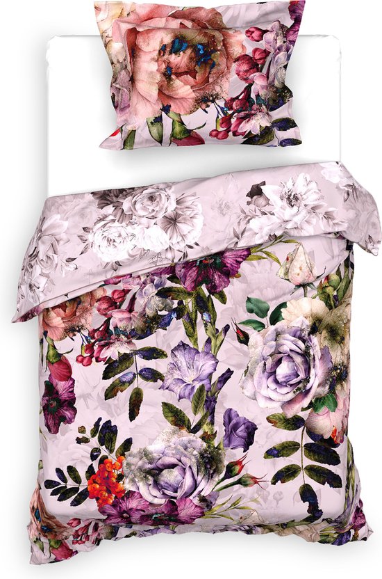 Heckettlane Dekbedovertrek Samia - Bedlinnen met Bloemen print - 140x220 - Roze - Dekbedhoes van 100% Katoen-Satijn van Heckettlane