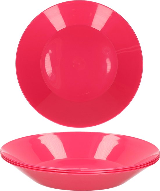 Hega Hogar ontbijt/diner diepe bordjes - hard kunststof - D21 cm - roze - 12x stuks - outdoor servies - camping