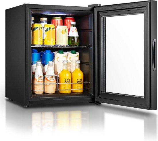 Heinrich's HKG3142 mini koelkast met glazen deur zwart 42 liter - glasdeur - doorzichtige deur - barkoelkast - vitrinekoelkast - bierkoelkast - kleine koelkast - minibar - modern - voor eten en drinken - drankenkoelkast - energielabel E - 43 decibel van heinrichs