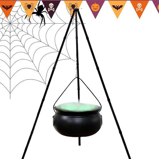 Heksenketel met Statief - Decoratie Ketel - Halloween Versiering - Inclusief Lichtjes - 90 cm Hoog - Zwart