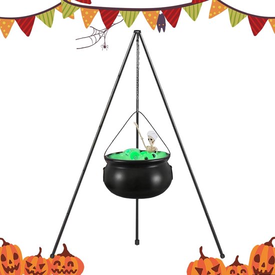 Heksenketel Set - Grote Ketel - Halloween Decoratie - Met Skelet En Lichtjes - 28x28x22cm - Zwart
