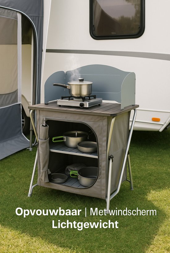 HEM Campingkeuken - opvouwbare campingkast - reiskeuken met hittebestendig werkblad en windscherm - buitenkeuken voor voortent, caravan of autocamping - met opbergvakken en draagtas - grijs van Merkloos
