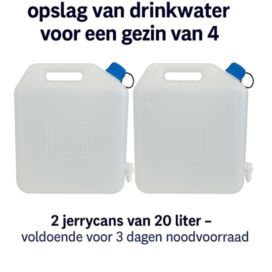 HEM Jerrycan Water 20L – Set van 2 – BPA-vrij – Met Schenkkraan – Stevige Watercontainer voor Camping, Caravan, Outdoor & Noodvoorraad van Merkloos