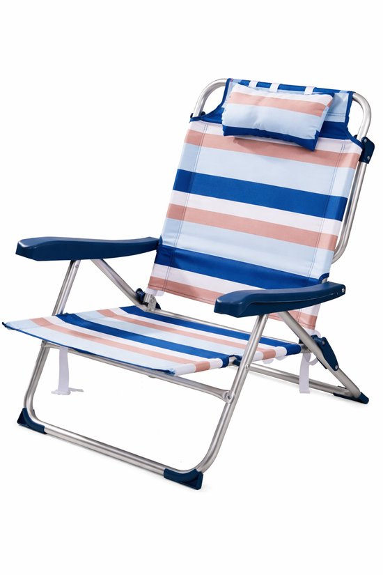 HEM Opvouwbare Campingstoel Voor Volwassenen – Lichtgewicht Aluminium Strandstoel – Verstelbaar Met Hoofdkussen – Lage Strandstoel Volwassenen – 110 Kg – Blauw Gestreept van Merkloos
