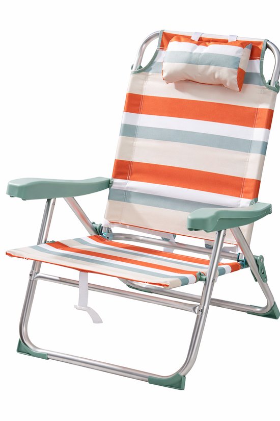 HEM Opvouwbare Campingstoel Voor Volwassenen – Lichtgewicht Aluminium Strandstoel – Verstelbaar Met Hoofdkussen – Lage Strandstoel Volwassenen – 110 Kg – Oranje Gestreept