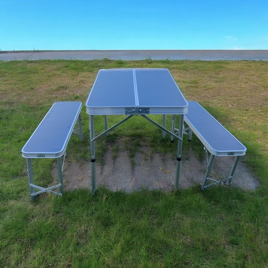 HEM Opvouwbare Campingtafel met 2 Banken – Aluminium Picknicktafel – Lichtgewicht 6,9 kg – Draagbaar in Koffer – 90x60x70 cm – Max. 90 kg van Merkloos