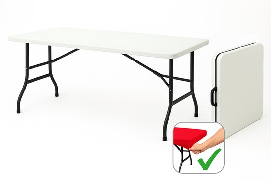HEM Vouwtafel Inklapbaar 180x70 Wit - Buffettafel - Klaptafel - Campingtafel - 100 kg Belastbaar - 9,5 kg - Met Rode HEM Topper van Merkloos