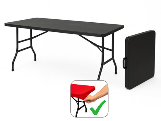 HEM Vouwtafel Inklapbaar 180x70 Zwart - Buffettafel - Klaptafel - Campingtafel - 100 kg Belastbaar - 9,5 kg - Met Rode HEM Topper van Merkloos