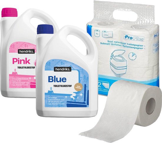 Hendriks Toiletvloeistof Roze & Blauw + Camping Toiletpapier - Toiletverzorgingsset - Voor chemisch toilet - Frisse tanks - 4 rollen oplosbaar papier