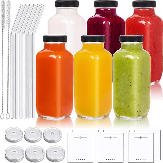 Herbruikbare Glazen Flessen - Glazen Sapflessen 6 stuks 480ml met Deksel - Vierkante Drankflessen voor Melk - Sap - Milkshake - Water - Honing van Mikkenie
