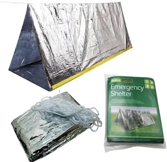 Herbruikbare Nood Overlevingstent voor 2 Personen (240x150x90cm) met Nylon Touw (540cm) - Slaapzak, Nooddeken, Thermische Deken voor Buiten, Kamperen, Wandelen van Merkloos