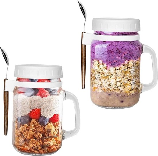 Herbruikbare Overnight Oats Containers - Draagbare Luchtdichte Havermoutpotten met Deksels - Inclusief Lepels - Voor Muesli Yoghurt Salade - Set van 2 van Eslabondexx Home