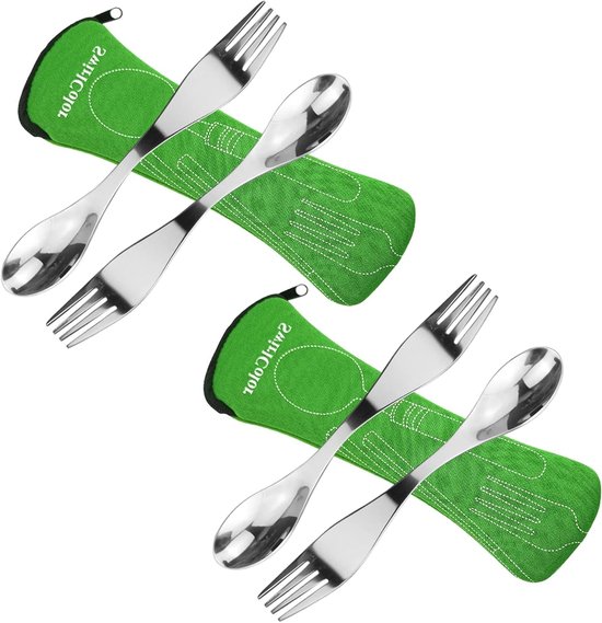 Herbruikbare RVS Sporks Set van 4, Duurzaam Bestek voor Kamperen, Picknicken en Reizen, Inclusief Opbergtas