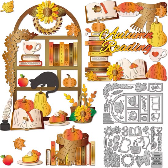 Herfst Boekenplank Snijmallen Voor Kaarten Maken Herfst Pompoen Bladeren Metalen Die Cuts Die Boekwinkel Cut Dies Voor DIY Kaarten Scrapbooking Fotoalbum Ambachten Decor