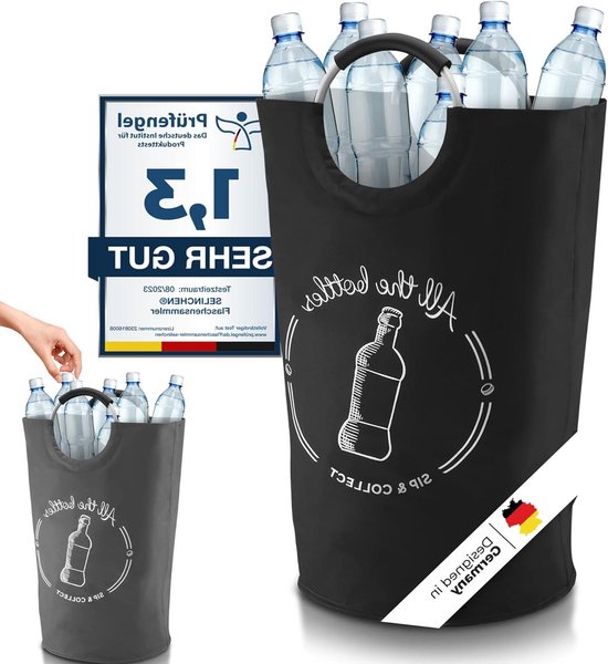 Het origineel opslag van statiegeldflessen - Selinchen® hoogwaardige flessenverzamelaar met afsluitbaar deksel met soft-grip XL zwart bottle bag van Selinchen