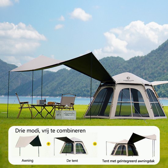 Hexagon Tent met Uitneembaar Buitendoek - 3-Seconden Pop Up - Waterdicht - 3-5 Persoons - 240x280x150cm - Met Zwarte UV-Block Coating - Kaki van Lumaland